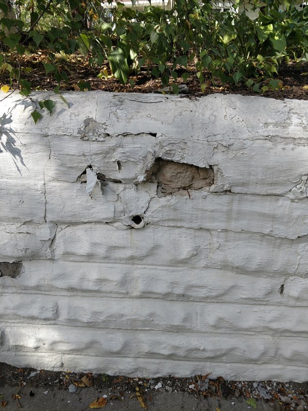 Cracked and peeling retaining wall before restoration